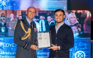 Evan Horne from JR Scaffold with Air Officer Scotland, Air Commodore Mark Northover.