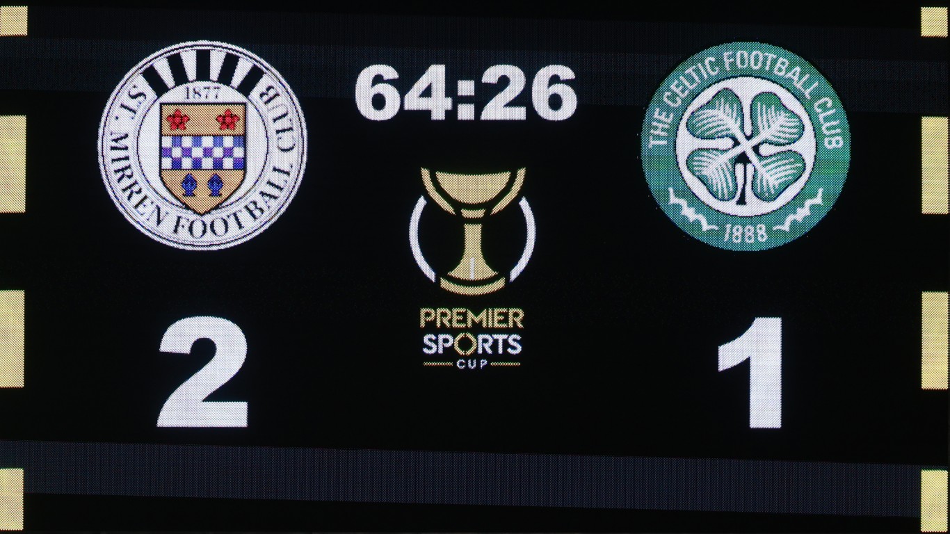 Scoreboard showing St Mirren in the lead two goals to one.