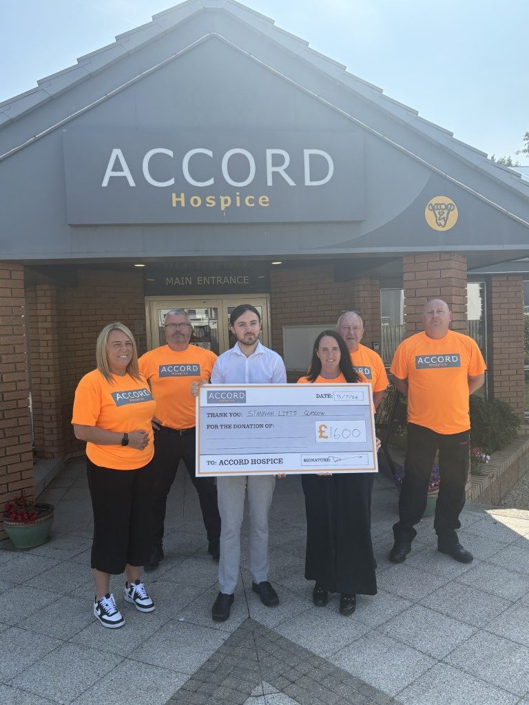 Cheque handover to ACCORD Hospice following the Stannah charity cycle challenge
