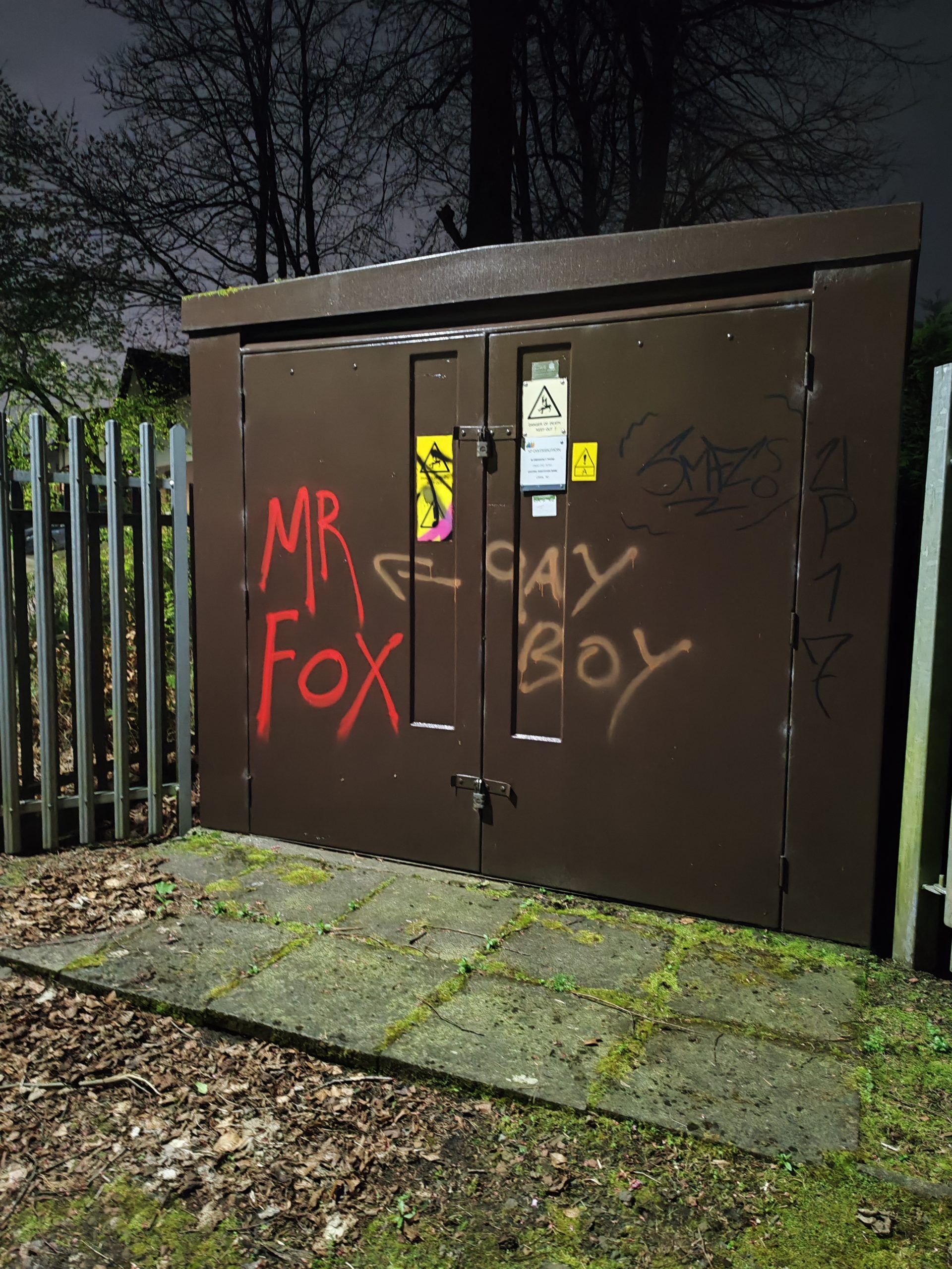 Graffiti sprayed across an electricity substation in Renfrewshire