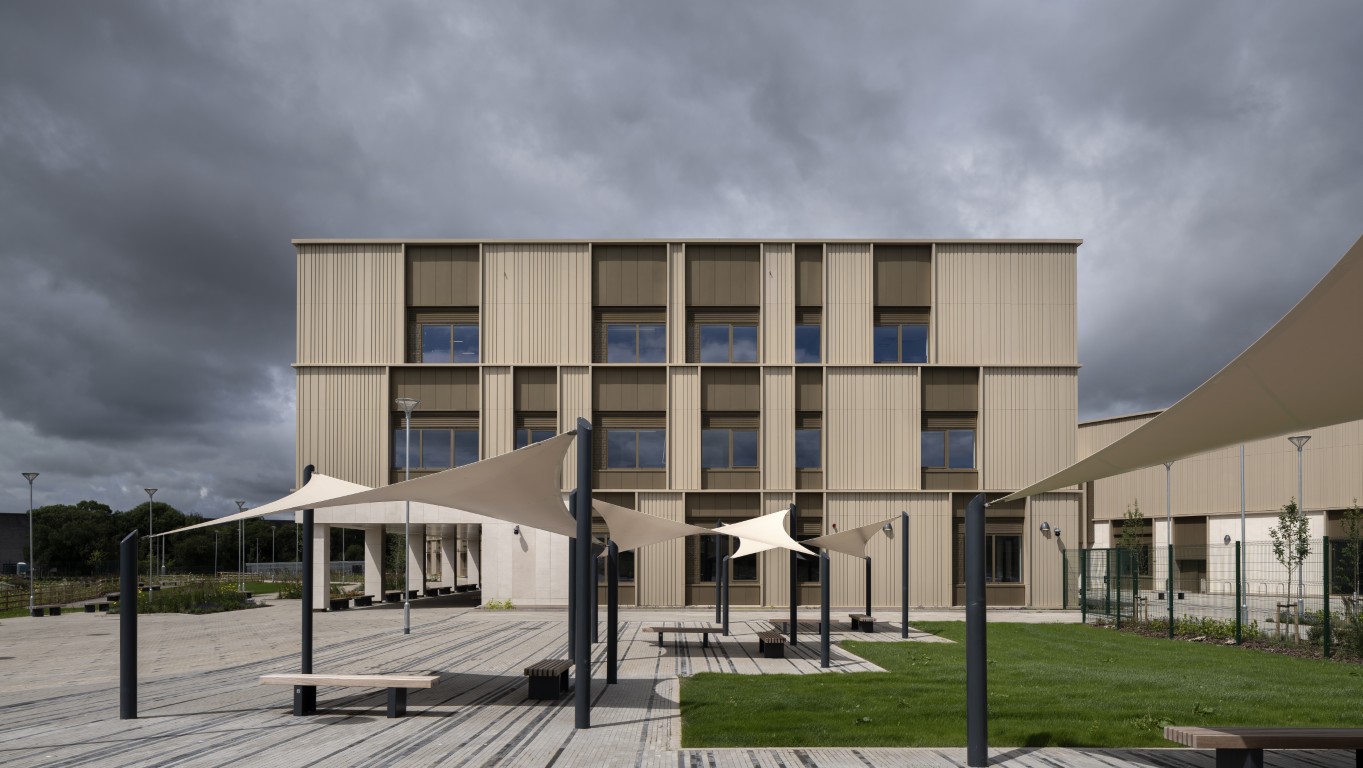 Covered outdoor learning and social spaces at the new Paisley Grammar School Community Campus
