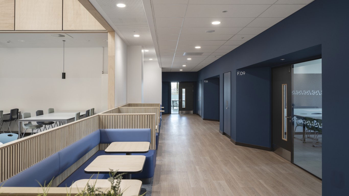 Corridor and classroom spaces inside the new Paisley Grammar School Community Campus