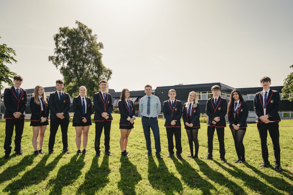 Gryffe High School headteacher Kevin Christie with senior pupils on Results Day