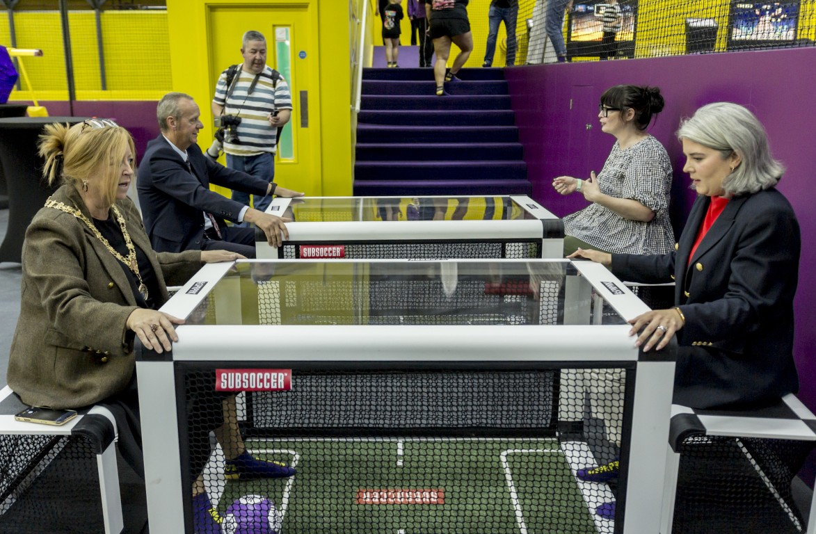 Provost Lorraine Cameron playing Subsoccer with Ashley Bisland