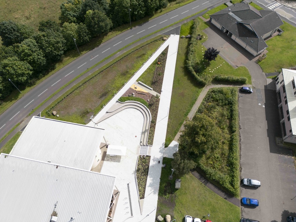 Aerial view of Erskine civic plaza beside the sports centre