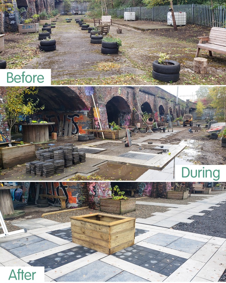 Collage showing the garden before, during and after the work