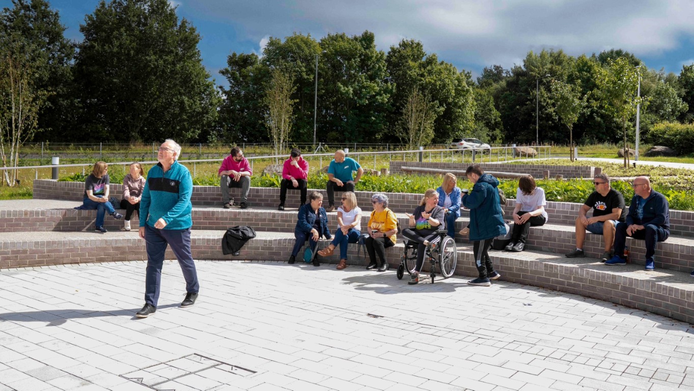 Residents and volunteers at the new Erskine civic plaza