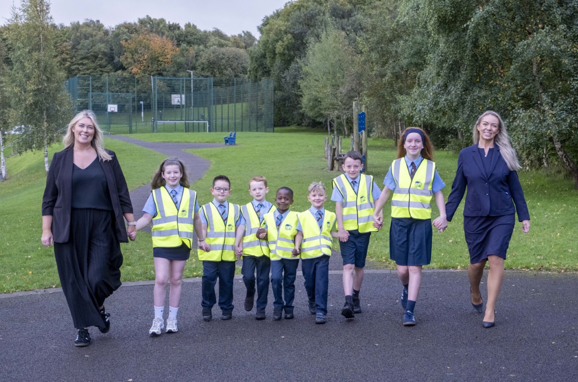 Children wearing high-visibility vests at the Home Safe campaign launch in Hamilton
